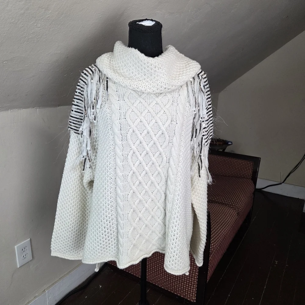 NWT Twinset‎ Milano Fringe Knit Sweater M Ivory Chunky Cable Knit Cowl Neck